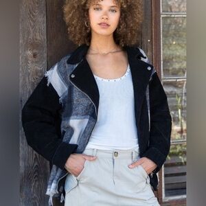 POL Motorcycle Jacket Curduroy Plaid Flannel Distressed Zip Small